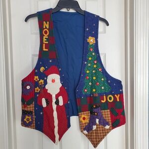 Vintage Christmas Patchwork Quilted Vest Santa Snowman Noel Joy Navy Blue XL